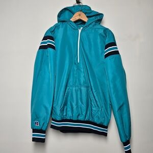 Vtg 90s Russell Athletic Teal Color Block Windbreaker Hoodie Jacket Size M